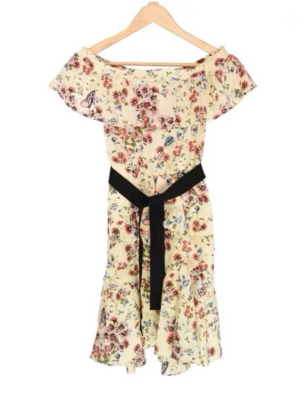 Maje Floral Off-Shoulder Midi Dress in Cream with Black Sash size 1